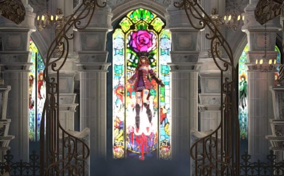 Miriam in front of Stained Glass Bloodstained