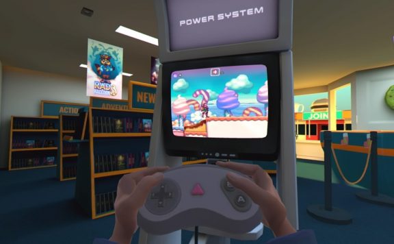 Playing video games in a rental store